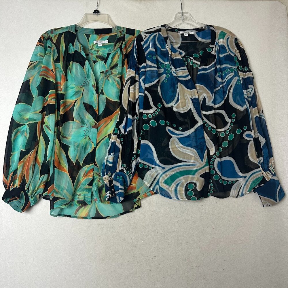 Lot of 2 Chico's Blouse sz 16 sheer long sleeve colorful balloon sleeve shirt‎
